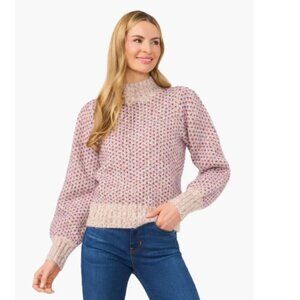 CeCe Marled Blouson Sleeve Jacquard Knit Mock Neck Thick Cozy Sweater L